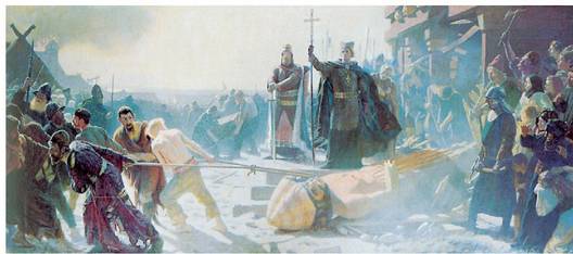 Danimarkako idolo paganoen desegitea XIX. mendeko margolan erromantiko batean.<br><br>